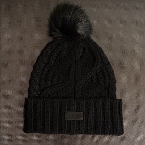 UGG Charcoal Cable Knit Beanie with Pom-Pom
